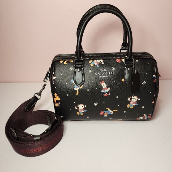 NWT COACH CM849 Disney X Coach Rowan Satchel With Holiday Print Black Multi - Picture 1 of 7
